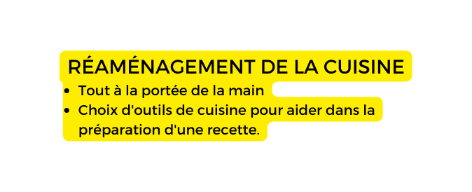 RÉAMÉNAGEMENT DE LA CUISINE Tout à la portée de la main Choix d outils de cuisine pour aider dans la préparation d une recette