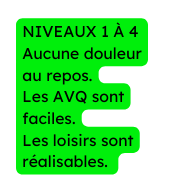 NIVEAUX 1 À 4 Aucune douleur au repos Les AVQ sont faciles Les loisirs sont réalisables